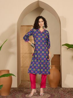 Gahan - Womens Blue Printed Cotton Kurta