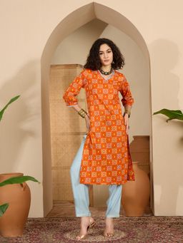 Gahan - Womens Orange Cotton Ethnic Motifs Printed Kurta