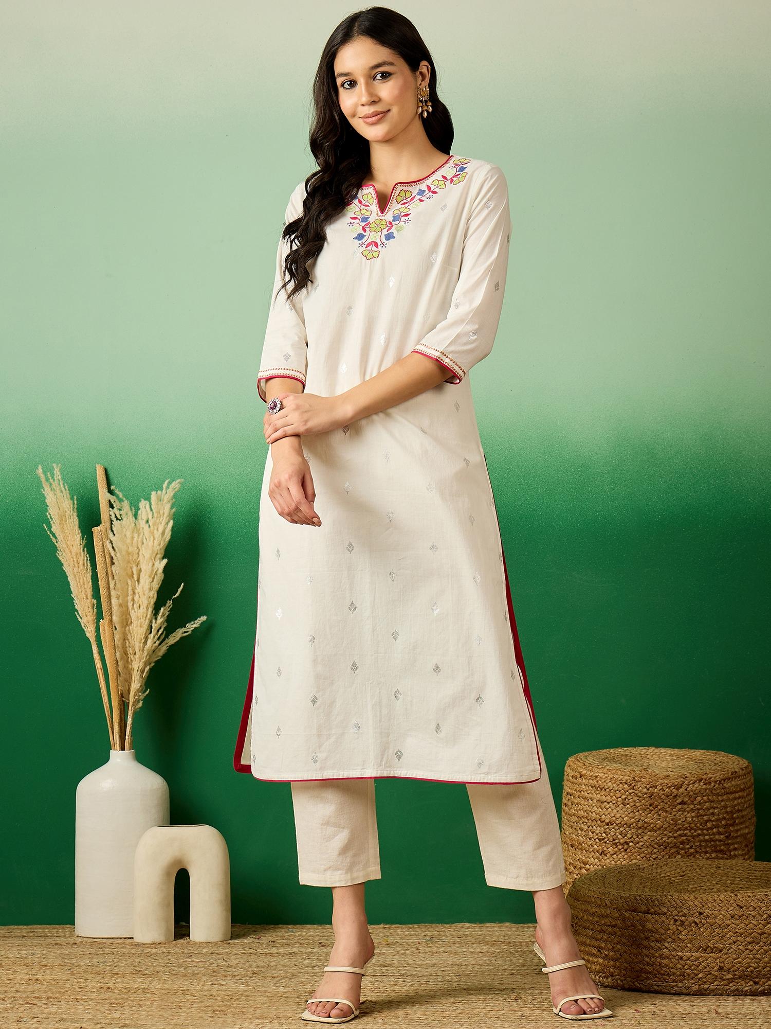 White Floral Embroidered Pure Cotton Straight Kurta-image-9