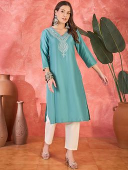 Gahan - Womens Sea Green V-Neck Embroidered Kurta