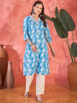 Gahan - Womens Blue Floral Printed V-Neck Pure Cotton Straight Kurta