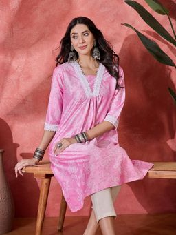 Gahan - Pink Floral Printed Pleated V Neck A-Line Kurta