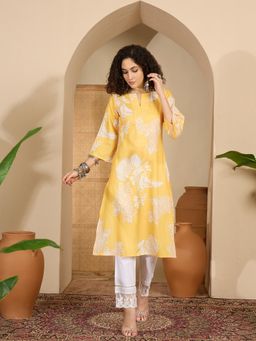 Gahan - Womens Yellow Floral Printed Cotton Kurta