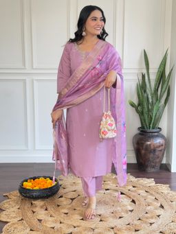 Gahan - Purple Embroidered Chanderi Silk Straight Kurta with Pant & Dupatta