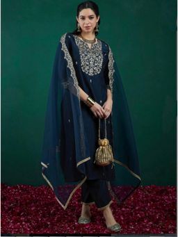 Gahan - Blue Embroidered Chanderi Silk Straight Kurta with Pant & Dupatta