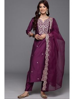 Gahan - Wine Embroidered Chanderi Silk Straight Kurta with Pant & Dupatta