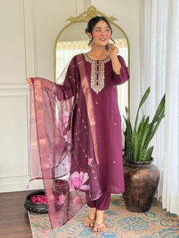 Gahan - Wine Embroidered Viscose Rayon Straight Kurta with Pant & Dupatta