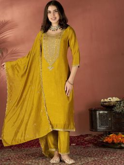 Gahan - Mustard Embroidered Art Silk Straight Kurta with Pant & Dupatta