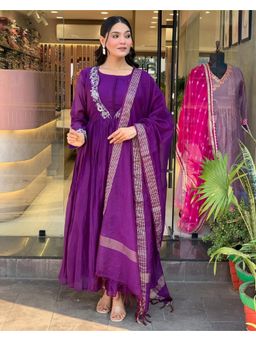 Gahan - Purple Embroidered Chinon Anarkali Kurta with Pant & Dupatta