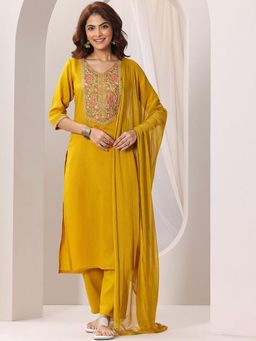 Gahan - Yellow Embroidered Viscose Rayon Straight Kurta with Pant & Dupatta