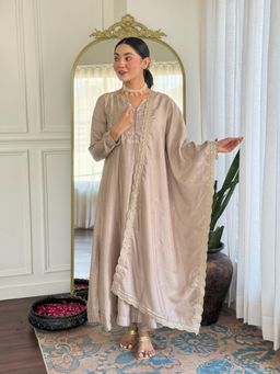 Gahan - Brown Embroidered Art Silk Anarkali Kurta with Pant & Dupatta