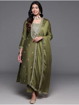 Gahan - Mehendi Green Embroidered Chanderi Silk Straight Kurta with Pant & Dupatta