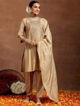 Gahan - Cream Embroidered Chanderi Silk Straight Kurta with Pant & Dupatta