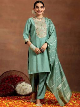 Gahan - Pista Green Embroidered Chanderi Silk Straight Kurta with Pant & Dupatta