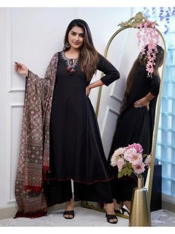 Gahan - Black Embroidered Viscose Rayon Anarkali Kurta with Palazzo & Dupatta