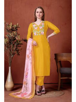 Gahan - Yellow Embroidered Viscose Rayon Straight Kurta with Pant & Dupatta