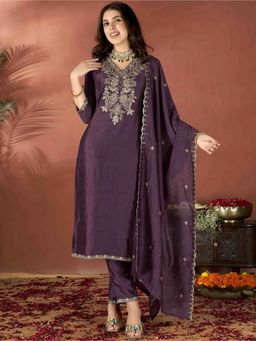 Gahan - Wine Embroidered Art Silk Straight Kurta with Pant & Dupatta