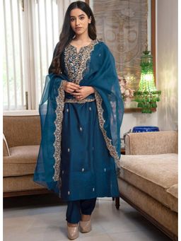 Gahan - Blue Embroidered Polyester Straight Kurta with Pant & Dupatta