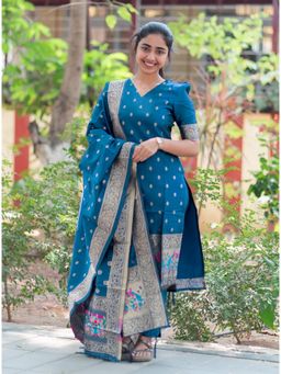 Gahan - Blue Woven Self Design Chanderi Silk Straight Kurta with Pant & Dupatta