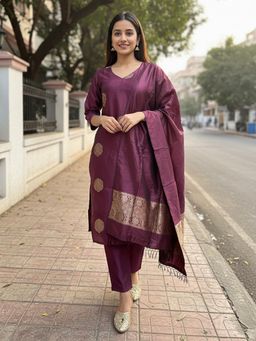 Gahan - Purple Woven Design Chanderi Silk Straight Kurta with Pant & Dupatta