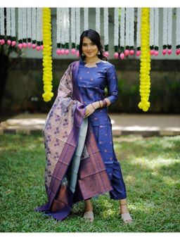 Gahan - Blue Woven Design Chanderi Silk Straight Kurta with Pant & Dupatta