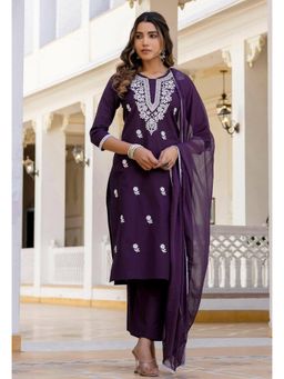 Gahan - Purple Embroidered Polyester Straight Kurta with Pant & Dupatta