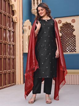 Gahan - Black Woven Design Chanderi Silk Straight Kurta with Pant & Dupatta