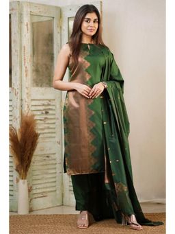 Gahan - Green Self Design Woven Art Silk Straight Kurta with Pant & Dupatta