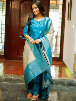 Gahan - Sky Blue Woven Design Chanderi Silk Straight Kurta with Pant & Dupatta