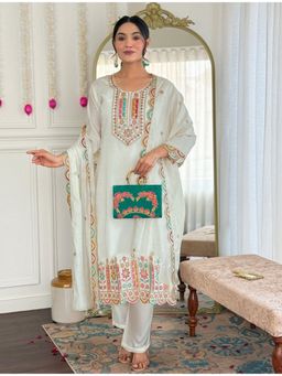 Gahan - White Embroidered Polyester Straight Kurta with Pant & Dupatta