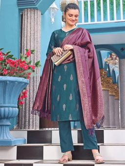 Gahan - Teal Woven Design Chanderi Silk Straight Kurta with Pant & Dupatta