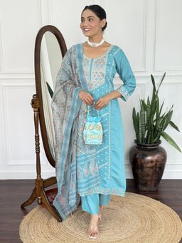 Gahan - Sky Blue Embroidered Chanderi Silk Straight Kurta with Pant & Dupatta