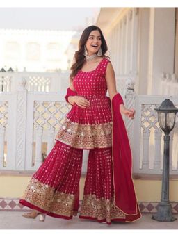 Gahan - Pink Embroidered Georgette Flared Kurta with Sharara & Dupatta