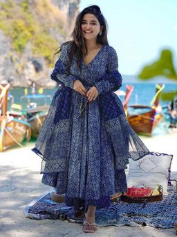 Gahan - Blue Printed Viscose Rayon Anarkali Kurta with Palazzo & Dupatta