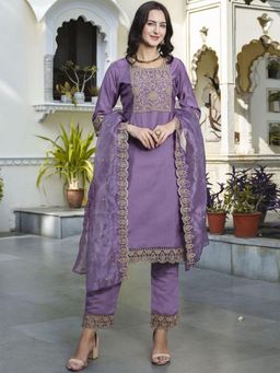 Gahan - Lavender Embroidered Polyester Straight Kurta with Pant & Dupatta
