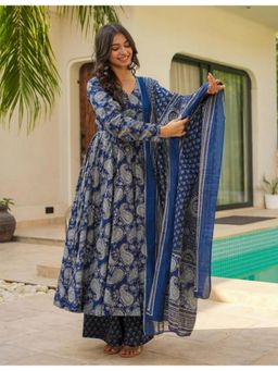 Gahan - Blue Printed Viscose Rayon Anarkali Kurta with Palazzo & Dupatta