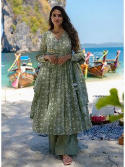 Gahan - Green Printed Viscose Rayon Flared Kurta with Palazzo & Dupatta