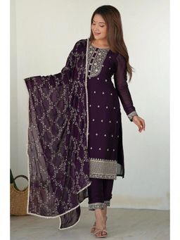 Gahan - Purple Embroidered Georgette Flared Kurta with Pant & Dupatta