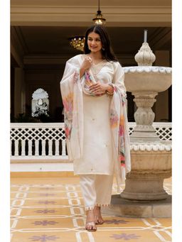 Gahan - White Embroidered Viscose Rayon Straight Kurta with Pant & Dupatta