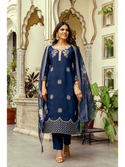 Gahan - Navy Blue Embroidered Viscose Rayon Straight Kurta with Pant & Dupatta