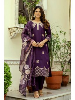 Gahan - Wine Embroidered Viscose Rayon Straight Kurta with Pant & Dupatta