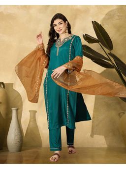 Gahan - Teal Natural Crepe Zari Sequence Thread Embroidered Kurta with Pant & Dupatta