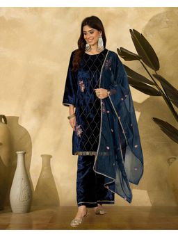 Gahan - Blue Velvet Zari Sequence Thread Cording Embroidered Kurta with Palazzo & dupatta