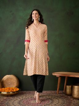 Gahan - Ethnic Motifs Printed V-Neck Cotton Straight Kurta