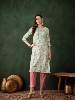 Gahan - Teal Printed Pure Cotton Kurta