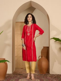 Gahan - Red Floral Embroidered Round Neck Kurta