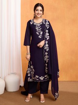 Gahan - Purple Art Silk Embroidered Sequin Work Floral Kurta with Pant & Dupatta