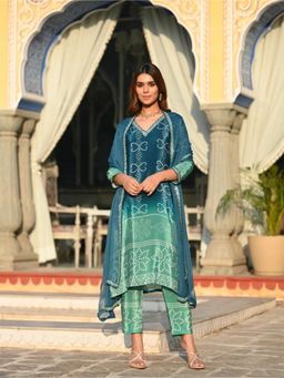 Gahan - Teal Chinon Silk Printed Embroidered Bandhani Kurta with Pant & Dupatta
