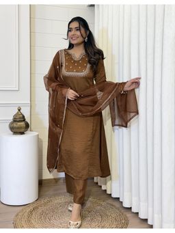 Gahan - Brown Art Silk Embroidered Kurta with Pant & Dupatta