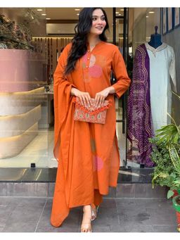 Gahan - Orange Rayon Slub Embroidered Kurta with Pant & Dupatta